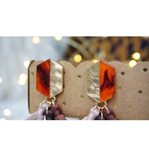 Gold Plated Acrylic Stud Tassel Earring Brown Pink - Picture 5 of 8